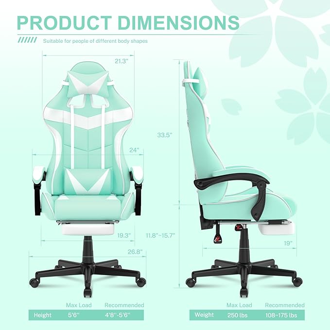 Soontrans Light Green Gaming Chair with Footrest,Lovely Cute Bunny Computer Gamer Chair,Kawaii Desk Chair for Granddaughter,Sister,Girlfriend,Wife and Love