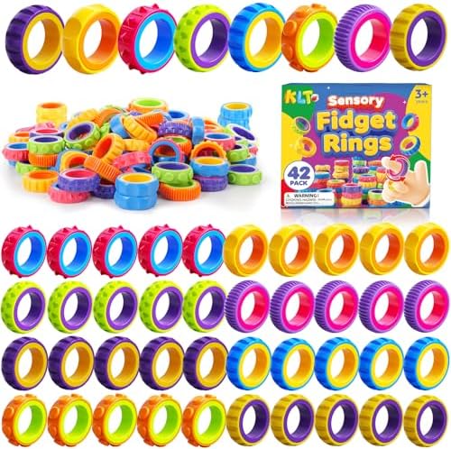 KLT Fidget Toys Bulk for Kids: 42 Pack Textured Spinner Rings - Bulk Party Favors Goodie Bag Stuffers - Quiet Fidgets for Classroom Student Prize - Sensory Toys for Autism ADHD Stress Relief