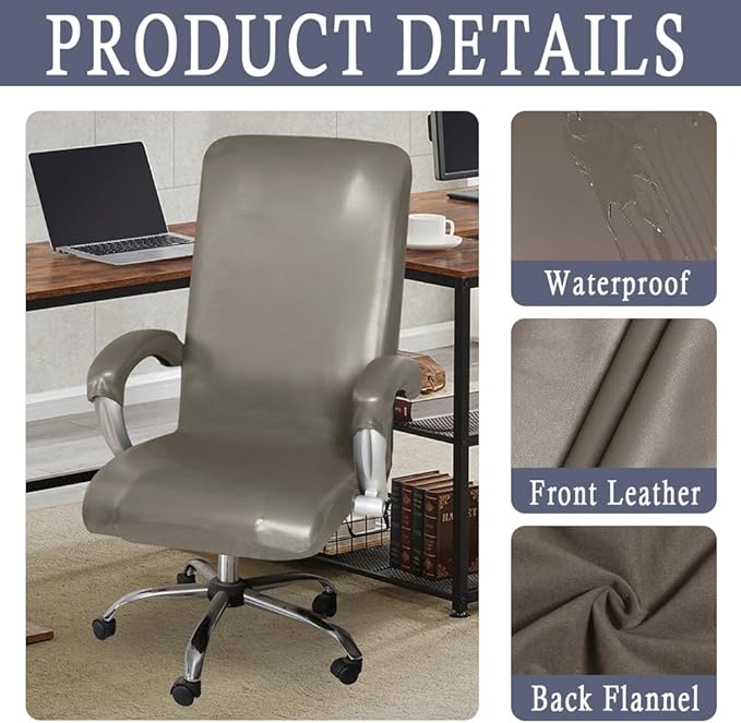 ITFRO Waterproof Office Chair Cover with Armrest Covers Taupe PU Leather Computer Desk Chair Cover with Zipper Universal Rotating Gaming Chair Slipcover High Back Chair Seat Protector (Taupe)