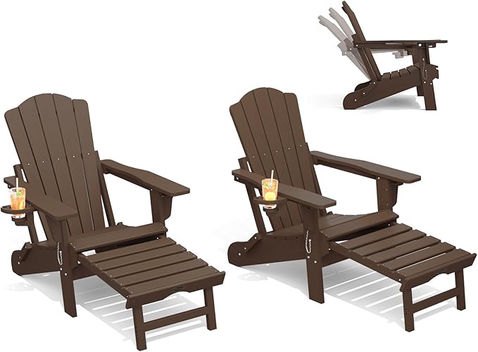 THOEOE Adjustable Adirondack Chair with Retractable Ottoman, HDEP Folding Adirondack Chairs with Footrest 2-in-1 Cup Holder, All Weather Outoor Fire Pit Chair with Foot Rest Set 2 Brown