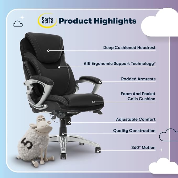 Serta Bryce Executive Office Chair, Ergonomic Computer Desk Chairs with Patented AIR Lumbar Support, Comfy Body Pillows, Height Adjustable, Swivel Base with Wheels, Bonded Leather, Black