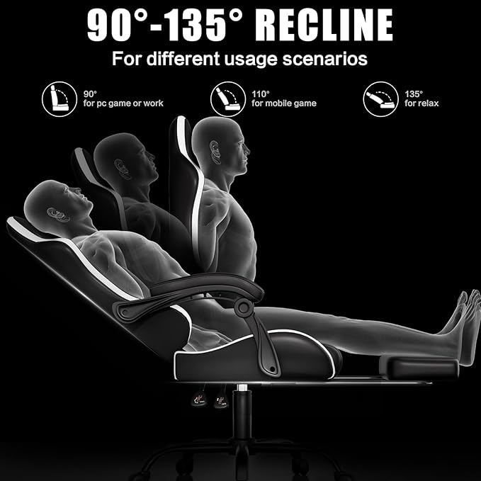 Czlolo Gaming Chair, Ergonomic Office Computer Chair with Footrest and Lumbar Support Massager Racing Style High Back Video Gamer Chair, Wide＆Thick Cushion, 90°-135° Recline, Adjustable Height, White