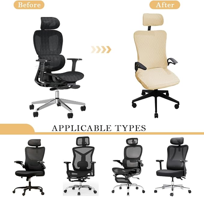 Ergonomic Office Chair Covers Set with Headrest Cover Stretch Desk Computer Chair and Headrest Slipcovers Washable Protector Slipcovers for Swivel Computer Chair 4 Pieces Beige
