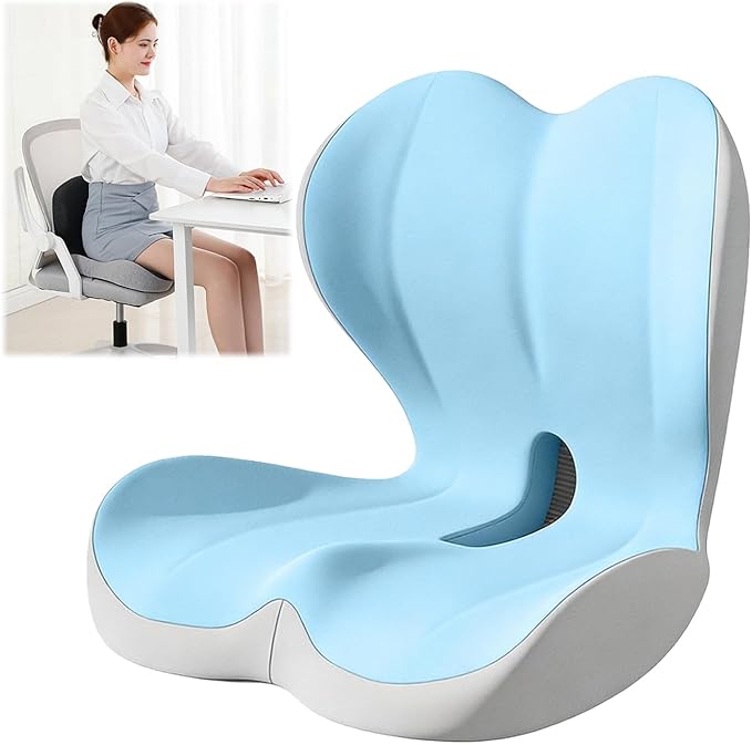 Orthopedic Cushion, Seat Cushion for Office Chair and Car, Ergonomic Memory Foam L-Shaped Integrated Seat Cushions, Lumbar Support & Tailbone Pain Relief for Office Chair Car Wheelchair (C-Blue)