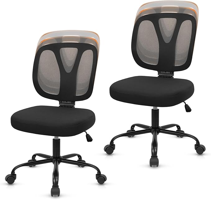 CLATINA Armless Home Office Chair, 360° Swivel Rolling Desk Chair with Lumbar Support and Wheels, Adjustable Height Mesh Back Small Ergonomic Computer Task Chair for Conference Waiting, Black(2 Pack)