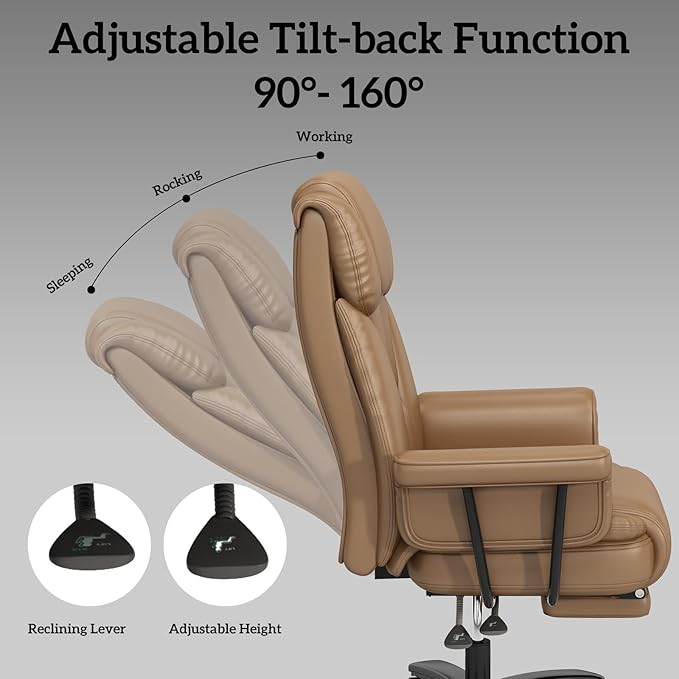 GYI 160° Reclining Office Chair with Footrest, Big and Tall High Back Home Office Chair, Leather Computer Desk Chair with Cross Legged Seat, Arms, Wheels, Brown
