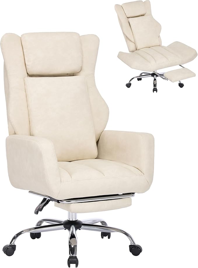 DYHOME Criss Cross Office Chair with Footrest, Executive Office Chair Ergonomic Flip-Up Armrest Wide Seat, Adjustable Reclining Computer Desk Chairs for Working, Gaming, Relaxing, PU Leather Beige