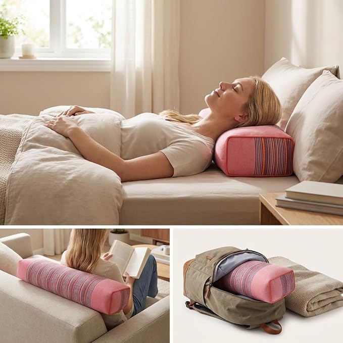 Buckwheat Pillow for Neck Pain Relief 21x8x4in Natural Cooling Cervical Support Adjustable Hull Pillow for Side and Back Sleepers with Night Sweats Organic Hypoallergenic (Light Red)