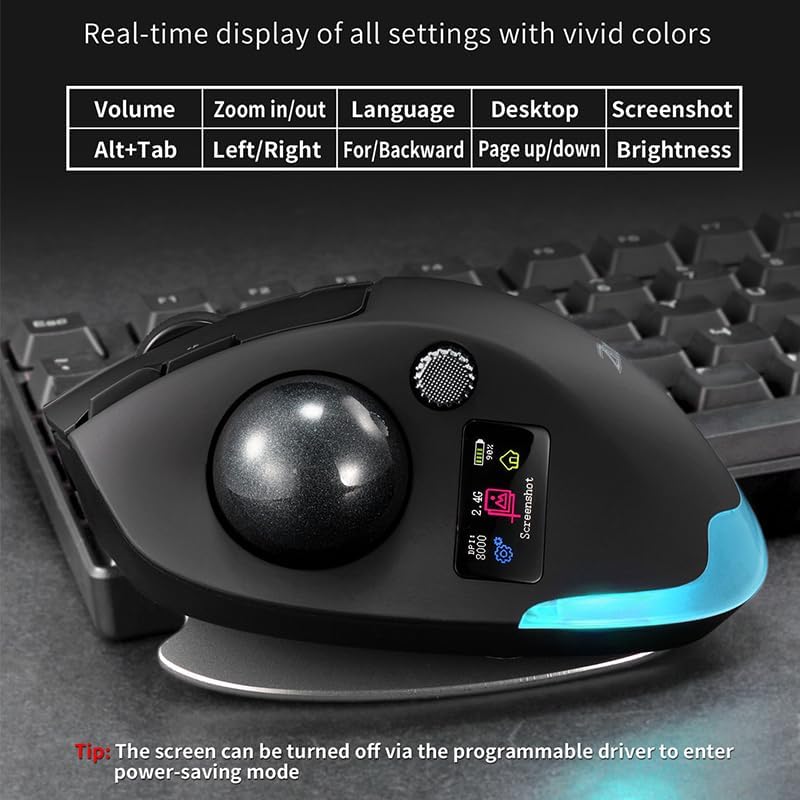 Wireless Mouse – 2.4GHz + Bluetooth Dual Mode Connection, 8 Programmable Buttons, 8000 CPI Adjustable, Trackball Design, with Display Screen, Ergonomic Tilt Angle, For Windows, macOS, Android, Linux