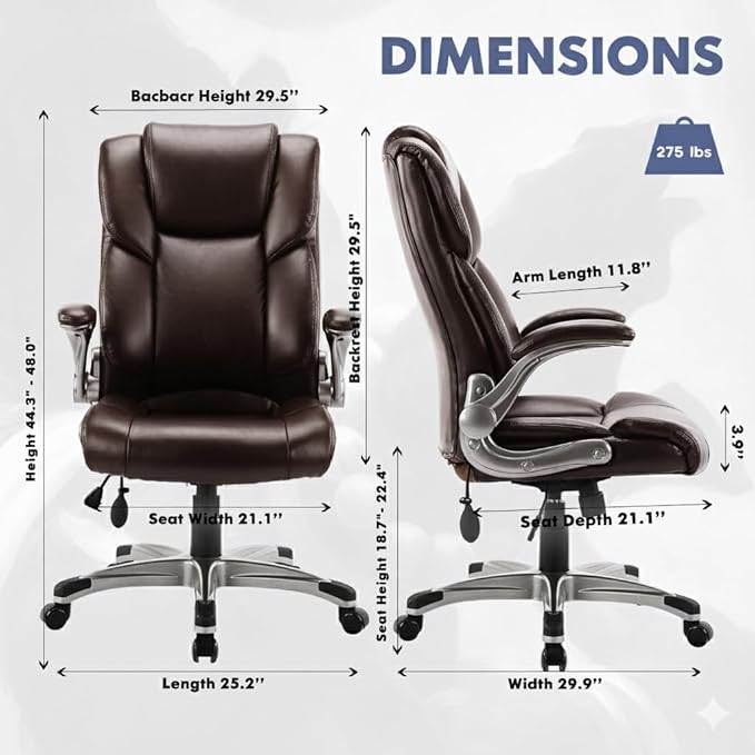 Ergonomic High Back Executive Office Chair with Adjustable Lumbar Support, Leather Office Chair with Flip-up Armrests, Swivel Computer Task Chair for Home Office Workstation, Brown,Set of 2