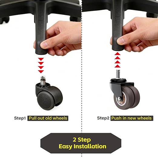 2 Inch Chair Wheels 10 Pack - Heavy Duty Grey Rubber Casters, Superior Non-Marking Replacement for Hardwood & Carpet Floors, Smooth Rolling & Ultra-Quiet Universal Fit for Most Office Chairs