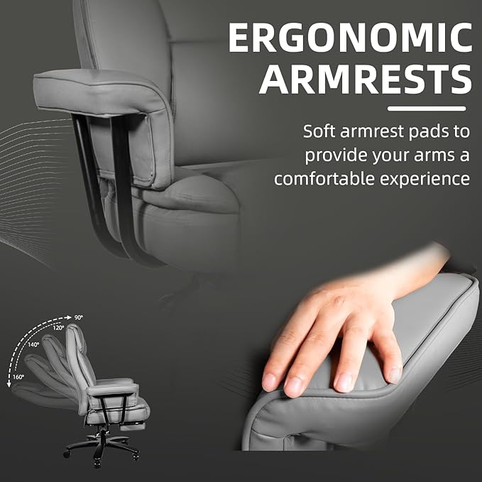 Reclining Office Chair with Footrest, Big and Tall Home Office Desk Chairs 400lbs with High Back, Criss Cross Wide Seat, Heavy Duty Base, Pu Leather, Grey