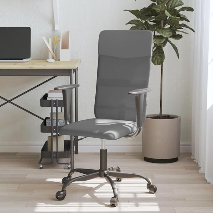 Grey Mesh Fabric Office Chair with Height Adjustment and 360-Degree Swivel, Breathable Back and Faux Leather Seat for Ergonomic Support and Workspace Mobility