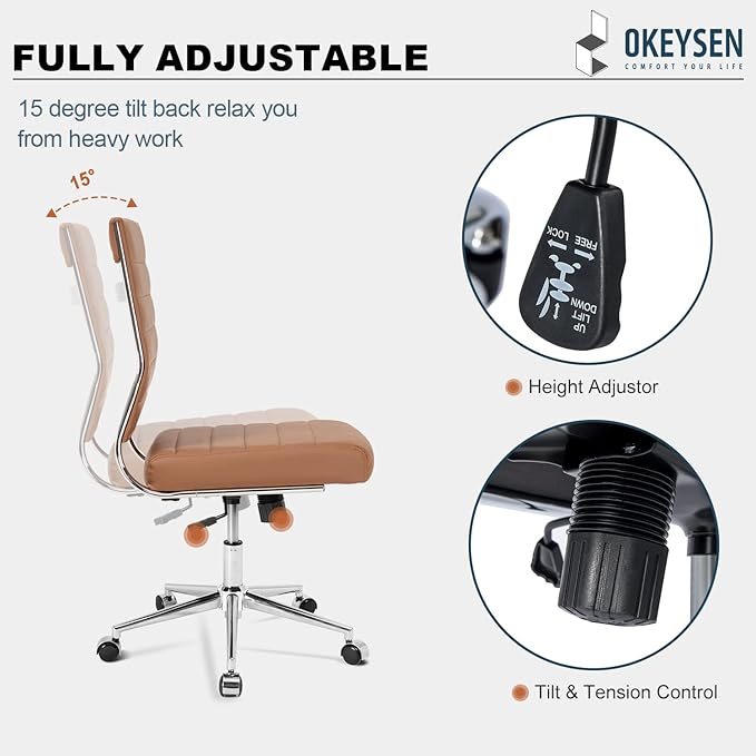Okeysen Armless Office Desk Chair, Mid Back Leather Conference Room Chairs Without Armrests, Modern Office Chair Ribbed.