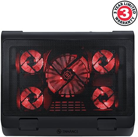 ENHANCE Gaming Laptop Cooling Pad Stand with LED Cooler Fans , Adjustable Height , & Dual USB Port for 17 inch Laptops - 5 Ultra Quiet High Performance Fans 2630 RPM & Built-In Bumpers - Red