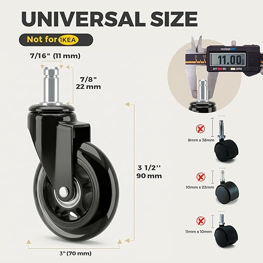 3 Inch Office Chair Wheels, Smooth & Safe Rolling, Safe for All Floors Include Hardwood Floors & Carpet, Universal Stem 7/16 inch x 7/8 inch, Not for 1KEA Chairs, Easy to Install, Set of 5, Black