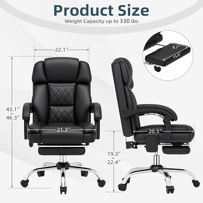 HOMREST 6-Point Massage Office Chair with Heat, Ergonomic Reclining Desk Chair with Footrest, PU Leather Executive Chairs for Home Office, Massaging Computer Chair Gift for Men, Black
