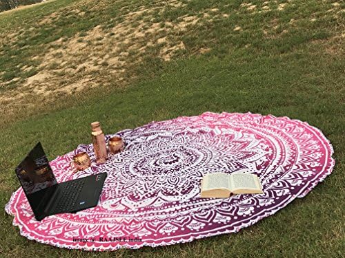 raajsee Pink Ombre Round Beach Tapestry Hippie/Boho Beach Blanket Roundie/Indian Cotton Throw Bohemian Round Table Cloth/Yoga Mat Meditation Picnic Rugs 69 inch Circle