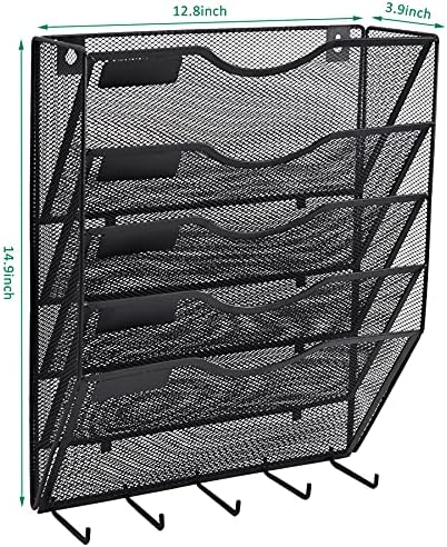 EASEPRES 5 Pocket Mesh Hanging File Organizer with Key Holder Hooks & Nametag Label, Wall Mounted Mail Paper Document Folder Storage Organization Magazine Rack for Office Cubicle, 5 Tier Black