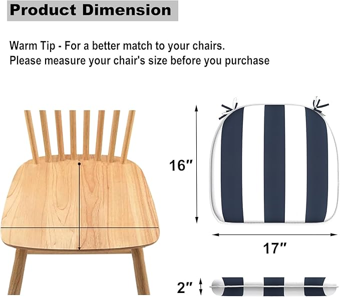 DYTXIII Set of 2 Outdoor Chair Cushions with Ties,Water Repellent Patio Chair Pads 17"x 16" for Outdoor Furniture,Round Corner Seat Cushions for Garden Yard Kitchen Cabana Navy