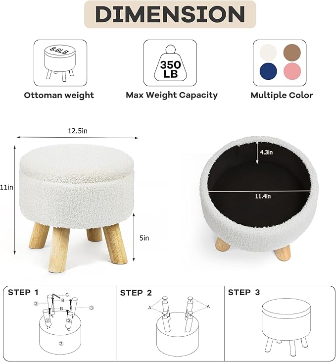 OGEMXU Ottoman Foot Rest, Small Round Ottoman with Storage, Boucle Teddy Velvet Footstool with Wood Legs, Soft Sponge Storage Ottoman for Living Room, Bedroom, Couch, Enterway (Cream)