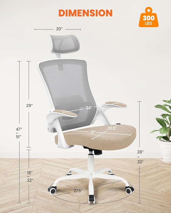 NEO CHAIR Office Chair High Back Desk Mesh Chair Comfy Computer Gaming Seat with Adjustable Ergonomic Headrest Lumbar Rolling Flip-up Armrests and Wheels (Beige)