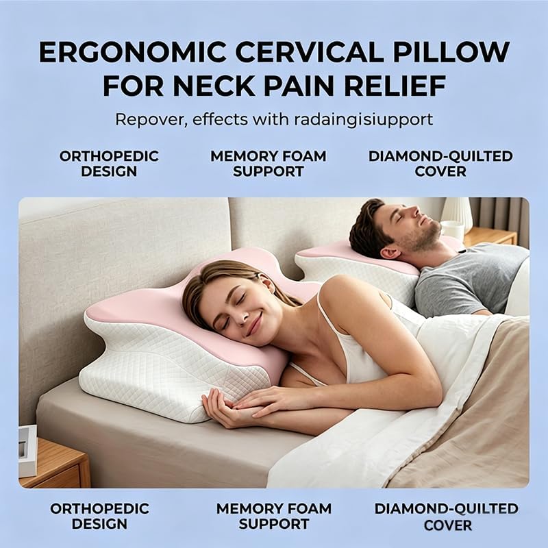 Cooling Neck Support Pillow, Adjustable Cervical Memory Foam for Pain Relief, Odorless Ergonomic Orthopedic Bed Pillows for Side Back Stomach Sleepers, Cozy Sleeping (Pink)