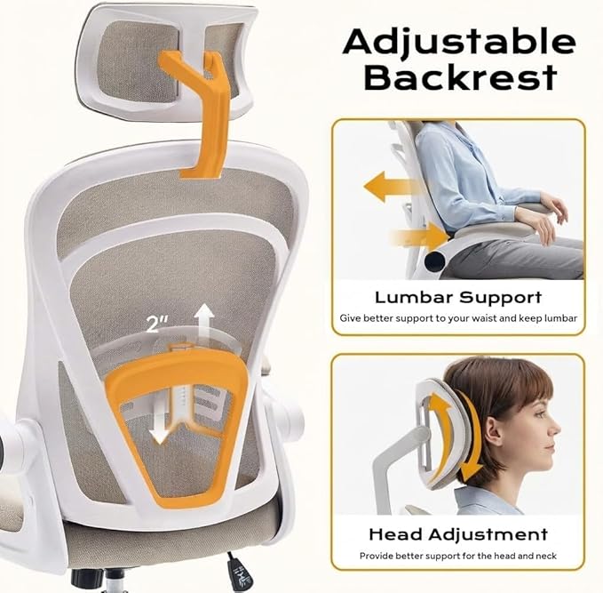 Ergonomic Mesh Office Chair, High Back Desk Chair with Adjustable Lumbar Support & Headrest, Flip-Up Armrests, 300 Lbs Capacity, Swivel Rocking Computer Chair for Home Office Study Bedroom White
