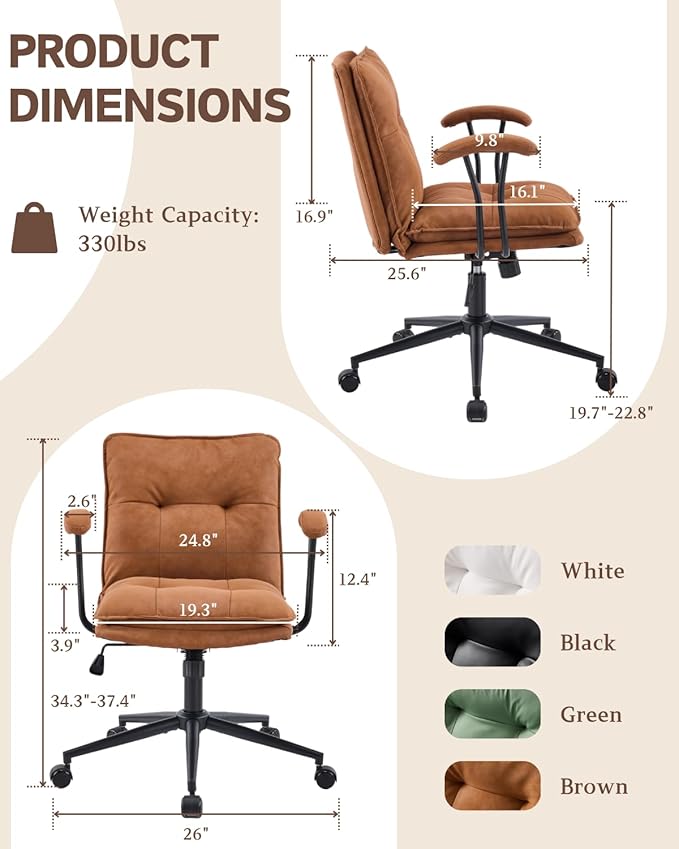 Karl home Faux Leather Office Chair with Removable Armrests, Adjustable Height & 360° Swivel, Tufted Thick Cushion Computer Desk Chair with Lumbar Support for Living Room, Vanity, Brown