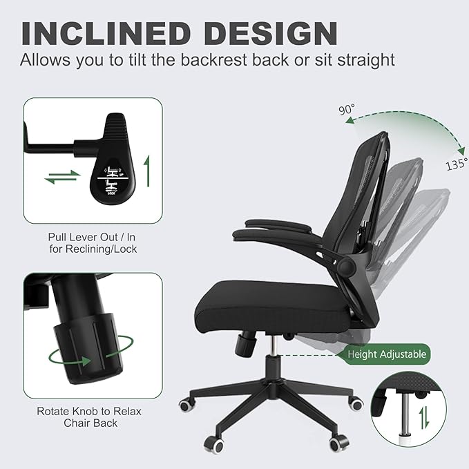 Ergonomic Office Chair - 350LB Comfy Desk Chairs with Lumbar Back Support, Mesh Computer Chairs with Wheels and Arms for Home Office, Study (Black-Without Headrest)