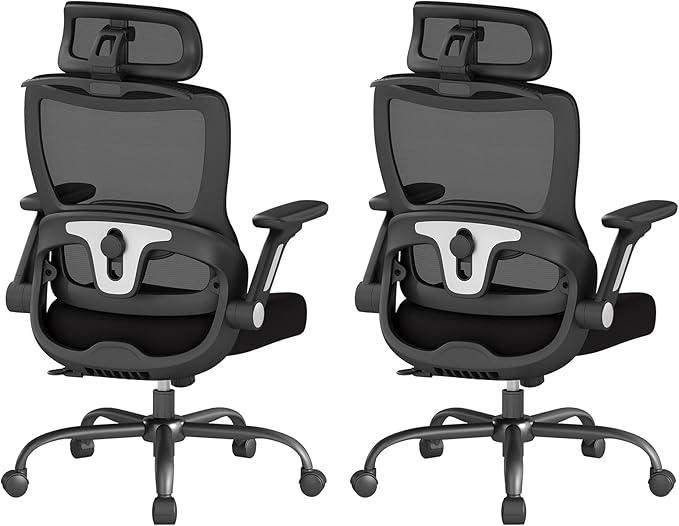 Ergonomic Office Chair, Home Computer Chair with 3D Adjustable Headrest and 4D Flip-Up Armrests, Adjustable Lumbar Support, Suitable for Office and Study, 2PC, Black