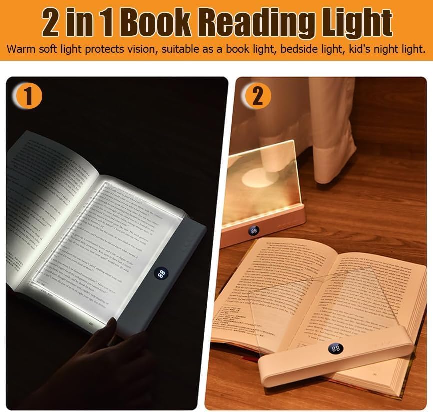 Book Light, 3 Color Adjustable LED Flat Reading Light, Rechargeable Clear Panel Plate Lamp with Timer & Memory Function, Bedside Lamp Book Lovers Gifts for Boys and Girls Women Man (White)