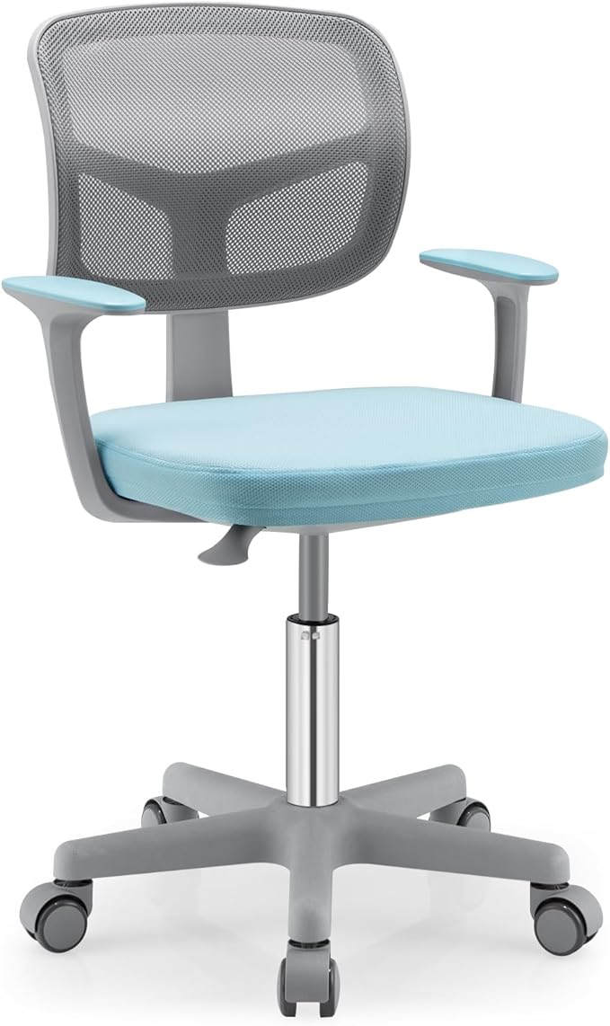 Giantex Kids Desk Chair, Ergonomic Adjustable Teen Task Chair w/Y-Shaped Lumbar Support, Armrest & Universal Wheels, Mesh Kid Office Chair for Sturdy, Kids Computer Chair for Boys & Girls 4-12, Blue