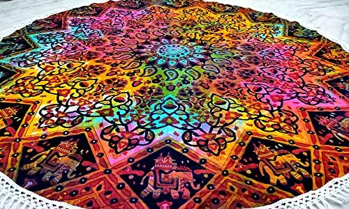 Round Beach Tapestry Turquoise Mandala Throw/Boho Hippie Beach Blanket Roundie/Indian Cotton Bohemian Large Round Table Cloth-Home Decor/Yoga Mat Meditation Picnic Rug (42", Multi Blue)