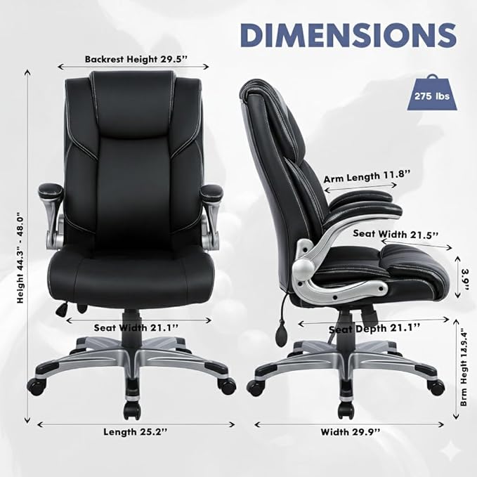 Ergonomic Executive Office Chair with Lumbar Support, Flip-Up Arms, Bonded Leather High Back Desk Chair for Home Office & Workstation, Comfortable Computer Chair for Adults Men Women – Black Set of 2
