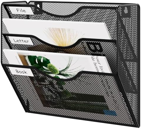 EasyPAG 3 Pocket Mesh Wall File Organizer, Hanging Paper Folder Holder with Classify Label, Vertical Wall Mount Mail Organizer for Office Home Classroom, Black