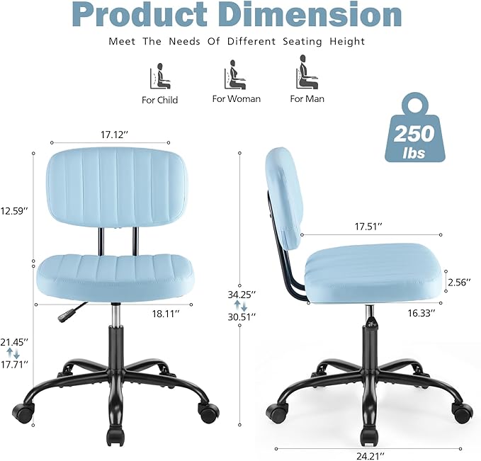 DUMOS Armless Home Office Executive Chair - Small Desk Chair with Low Back Lumbar Support, Height Adjustable PU Leather Computer Task Chair with 360° Swivel Wheels, for Adults, Blue