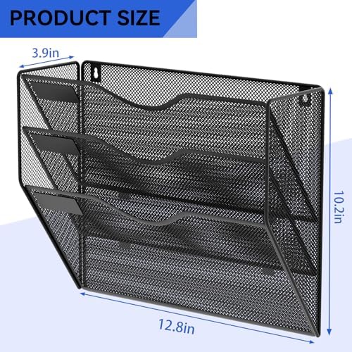 3 Pockets Hanging Wall File Organizer Mail Holder, Wall Mounted Paper Document Folder Holder, Clipboard Storage Organization Magazine Rack, Black