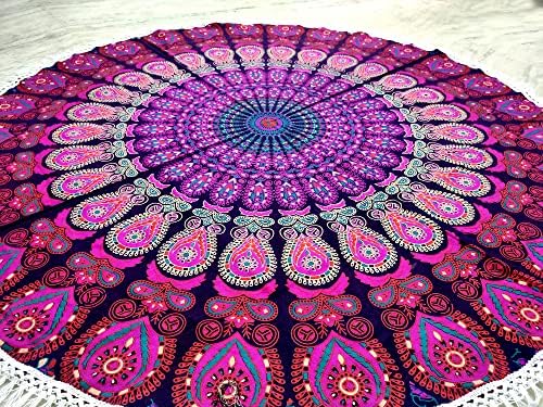 Round Beach Tapestry Turquoise Mandala Throw/Boho Hippie Beach Blanket Roundie/Indian Cotton Bohemian Large Round Table Cloth-Home Decor/Yoga Mat Meditation Picnic Rug (42", White And Pink)