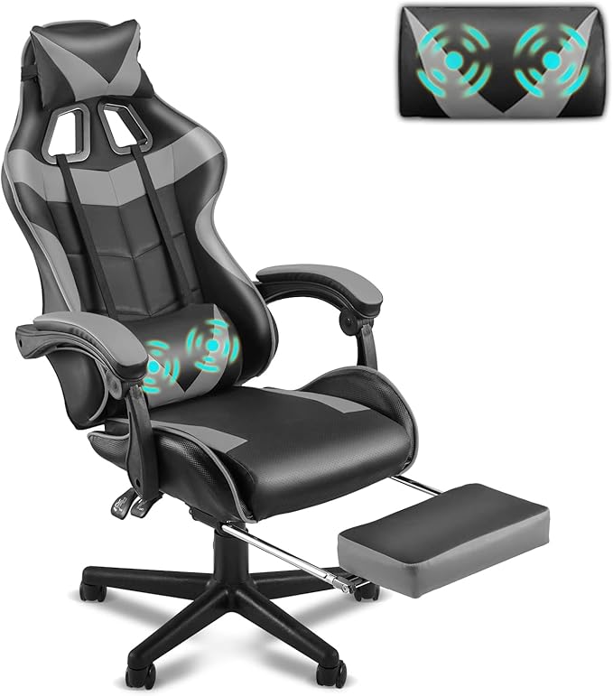Soontrans Grey Gaming Chairs with Footrest,Ergonomic Computer Game Chair, Gamer Chair with Lumbar Pillow and Adjustable Headrest (Galaxy Grey)
