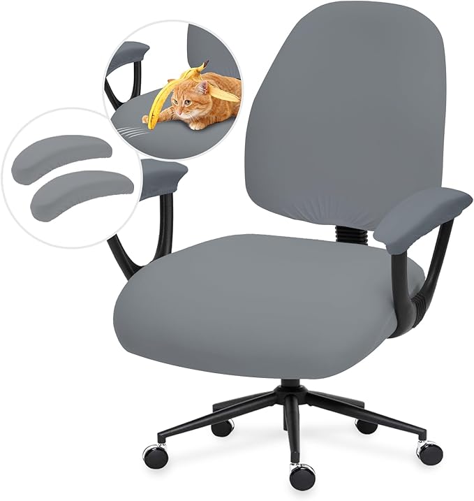 Super Stretchable Separate Office Chair Seat Covers - Universal Spandex Computer Chair Slipcover - Rotating Backrest Coverings & Cushion Protectors & Armrest Covers for Dogs, Cats, Pets, Mid Gray
