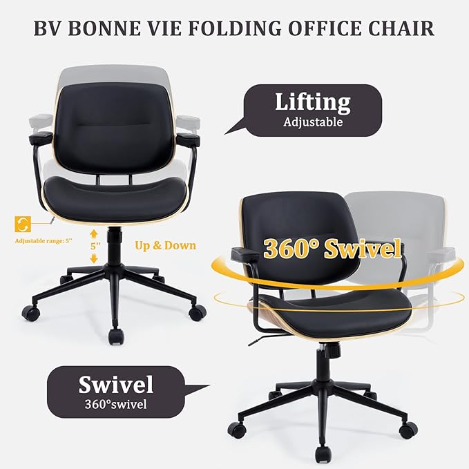 BV BONNE VIE Mid Century Walnut Office Chair with Arms, Adjustable Swivel Desk Chair, Leather Computer Chair with Rolling Wheels for Home Office or Study Room, Black