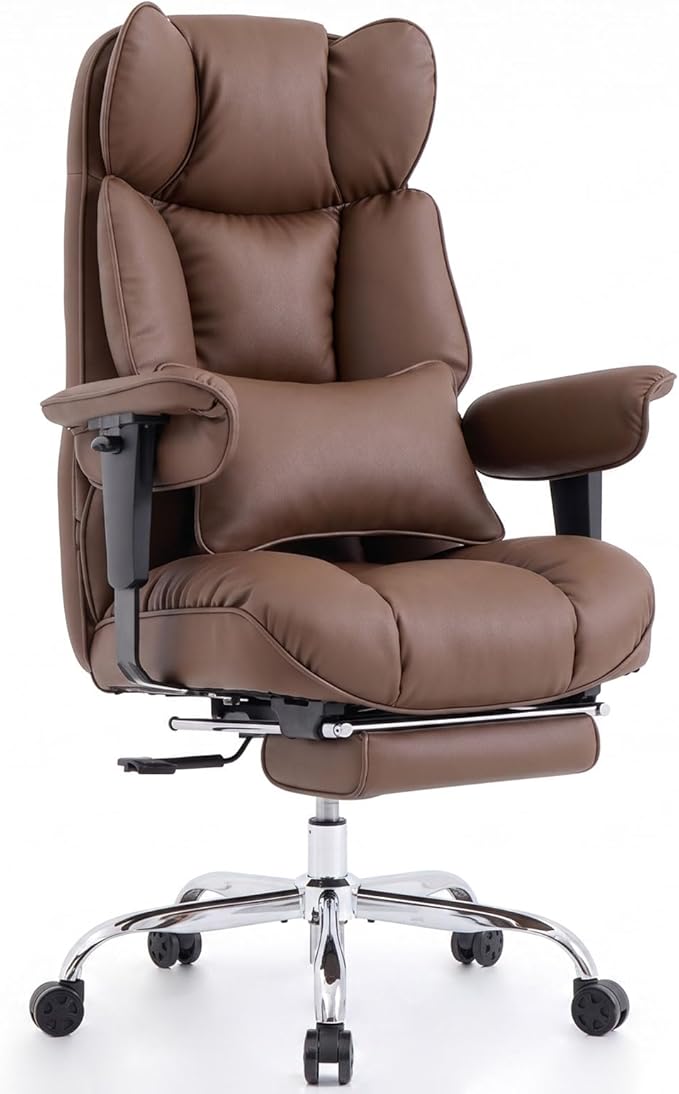 Efomao Big and Tall Office Chair 400lbs - Heavy Duty Reclining Desk Chair with Footrest, Spacious High Back PU Leather Executive Office Chair, Double-Layer Spring Support, Brown