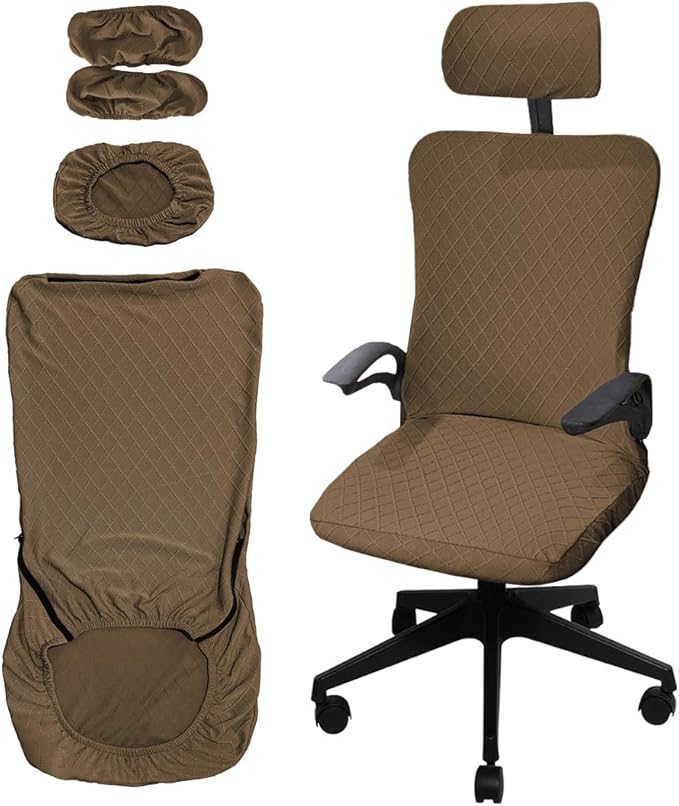 Ergonomic Office Chair Covers Set with Headrest Cover Stretch Desk Computer Chair and Headrest Slipcovers Washable Protector Slipcovers for Swivel Computer Chair 4 Pieces Brown