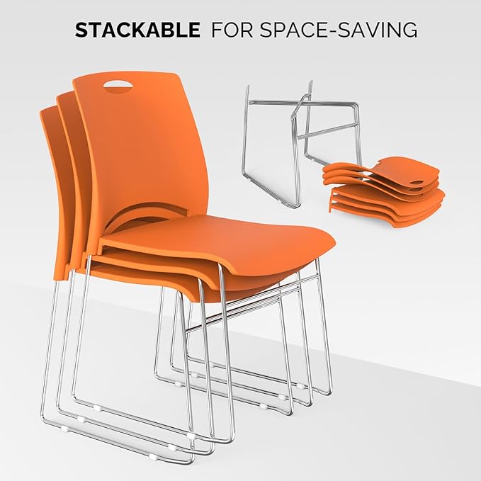 VINGLI Stacking Chairs Set of 10 Stackable Office Chairs with Metal Sled Base, Ergonomic Plastic Seat, Stacking Chairs for Waiting Room Break Room Banquet Guest, Orange
