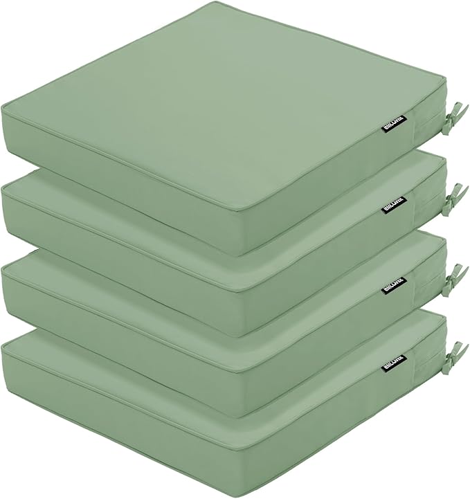 Outdoor Chair Cushions 16 x 17 Inch, Set of 4, Water Resistant Patio Chair Cushions with Tie 3 Year Color Fastness Thick Outdoor Seat Cushion for Garden Lawn Patio Furniture Sage Green