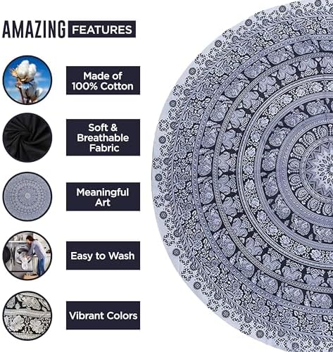 raajsee Black White Round Beach Tapestry Hippie/Boho Beach Blanket Mandala/Indian Cotton Throw - Round Tablecloth/Home Decor/Indie Rug Yoga Mat Meditation Picnic Rugs 127 CM / 50 INCHE Circle