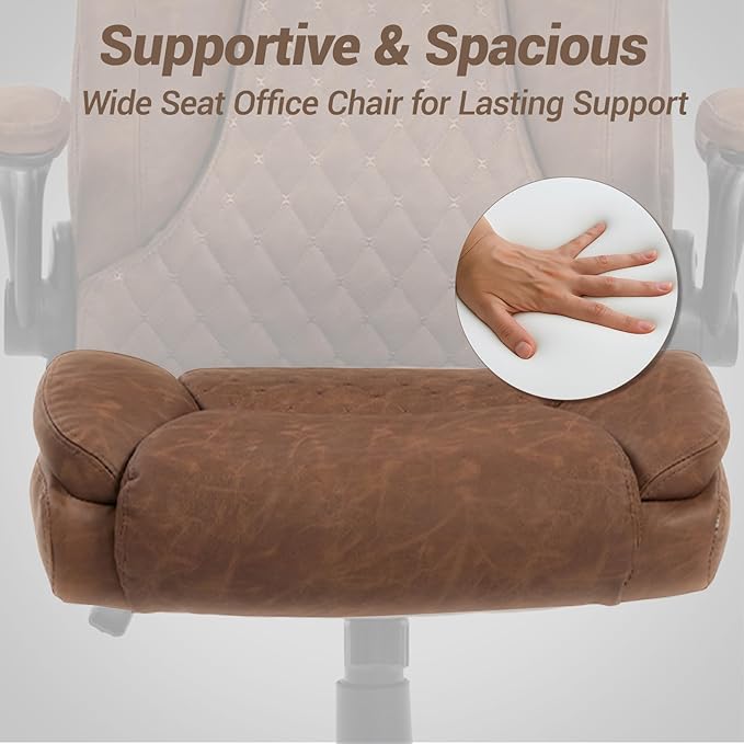 450 LBS Big and Tall Office Chair w/Flip Up Armrest, Comfy Heavy Duty Executive Chair, Extra Wide Seat Ergonomic Computer Home Office Desk Chair w/Rocking Function, Lumbar Support - Brown