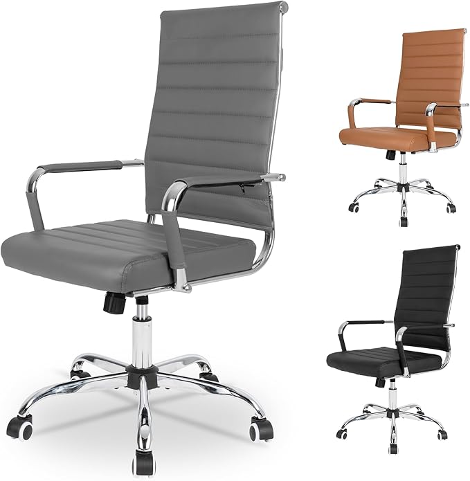 Okeysen Office Desk Chair, Ergonomic Leather Modern Conference Room Chairs, Executive Ribbed Height Adjustable Swivel Rolling Chair for Home Office