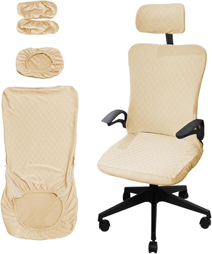 Ergonomic Office Chair Covers Set with Headrest Cover Stretch Desk Computer Chair and Headrest Slipcovers Washable Protector Slipcovers for Swivel Computer Chair 4 Pieces Beige
